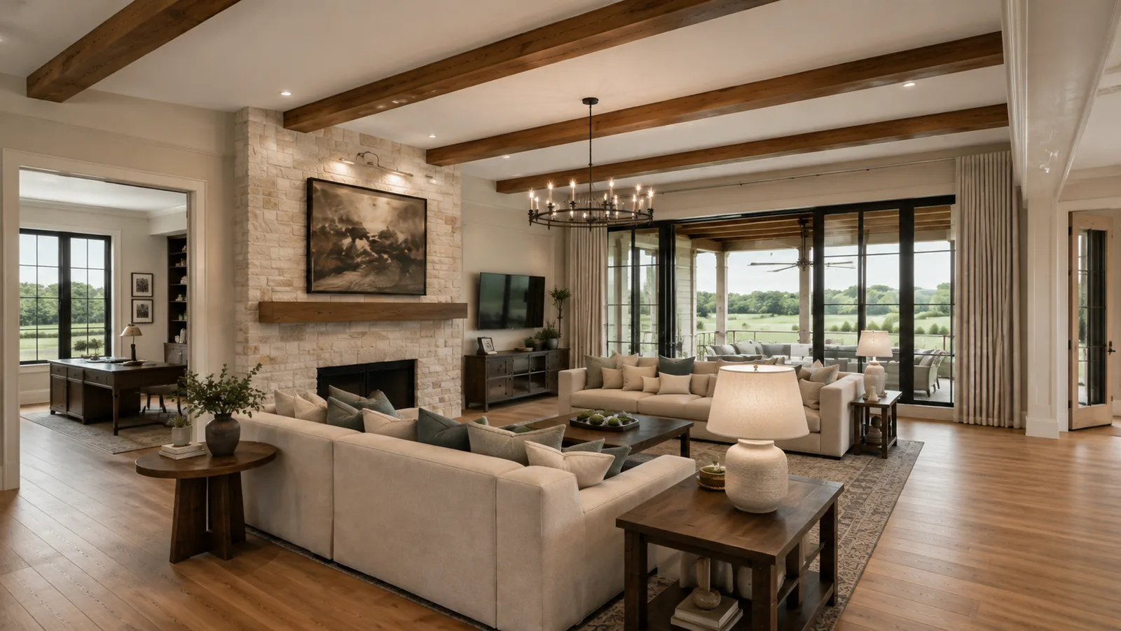 Ayers great room with cedar beams